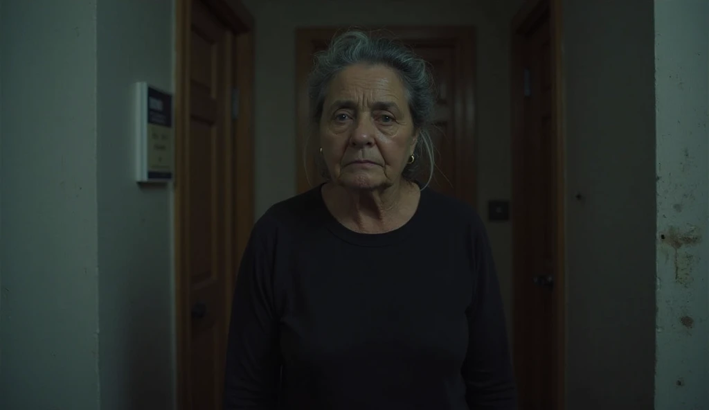 ghost of an old woman with big breasts behind a wall, hiding from visitors in an abandoned house at night.