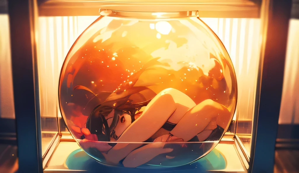 Girl kneeling in a glass bottle、 Super realistic, Hyper Detailed, Dramatic Lighting, 4K