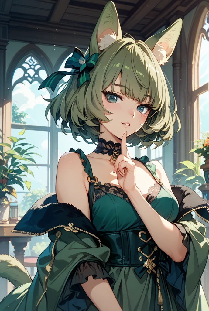 masterpiece, best quality,  1 Girl, Solitary, Green Eyes, Xiaoming Temple Xiaoshi, have, Green Hair, flower, blue flower, blue Rose, Rose, Separate sleeves, short hair, Bare shoulders, The Third Eye, breast, bow, Smile, flower瓣, skirt, from the side, medium breast, Looking at the audience, outdoor, Black tiara, Long sleeve, decorate, cloud, Wide sleeves, have bow, Shut up, Necklace, Alternative clothing, Sky, black skirt, white bow, blush, Bangs, Hair between the eyes, flower site, finger to mouth, Ruffled sleeves, hands up, site, Strapless, eyeball, 白色skirt, cloudy Sky, have ribbon, ribbon, Strapless skirt, Separate collar, finger to cheek, adapted costume, permanent, Cowboy shooting, Upper Body