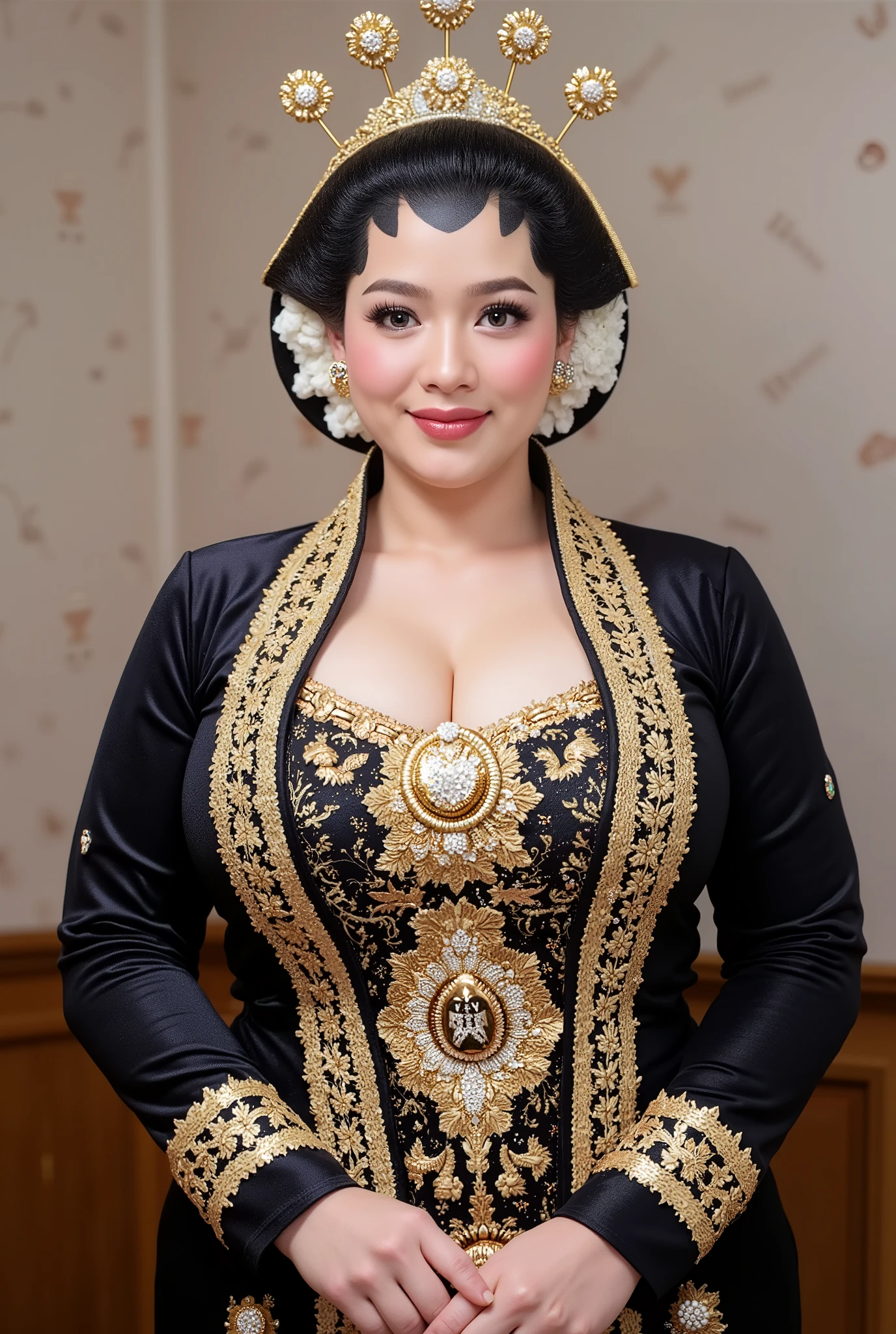Bbw womwn chubby in kebaya dress, open breast full body