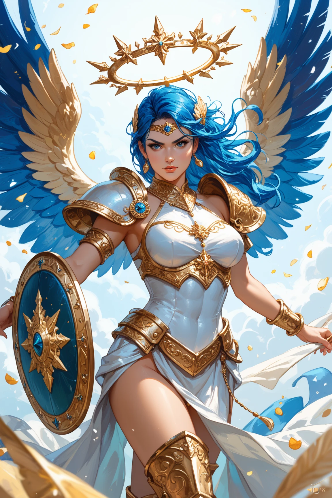 ((best quality)), ((masterpiece)), (detailed),1girl,solo,full body , valkyrie,angel,valkyrie armor,angel wings,winged helmet, woman,gaodanvshen, [Sword:fire:0.3] and [Shield:ice:0.3],Sword and Shield