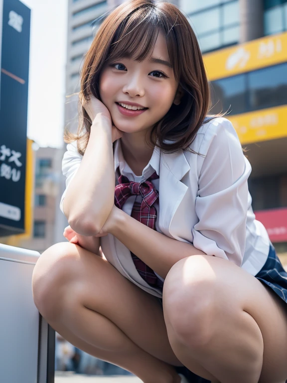 Best-quality, Masterpiece, Ultra-High-Resolution, (Photorealistic:1.4), Raw-Photo, Extremely-Details, Perfect-Anatomy, Ultra-detailed, cold winter, 1girl, 15-years-old, the most famous Japanese idol in Japan, grinning, wearing formal Japanese-high-school-uniform, squatting on main street in Hiroshima, extremely cute face like the most popular Japanese idol in Japan, extremely beautiful big black eyes, extremely beautiful black solid circle eyes, extremely beautiful black short-cut-haired, extremely beautiful legs, extremely beautiful thighs, detailed formal Japanese-high-school-uniform, detailed main street in Hiroshima, detailed cute face, detailed beautiful big black eyes, detailed beautiful black solid circle eyes, detailed beautiful black short-cut-haired, detailed beautiful thighs, detailed beautiful legs, detailed black loafer shoes, detailed white socks, detailed colorful panties with cute design