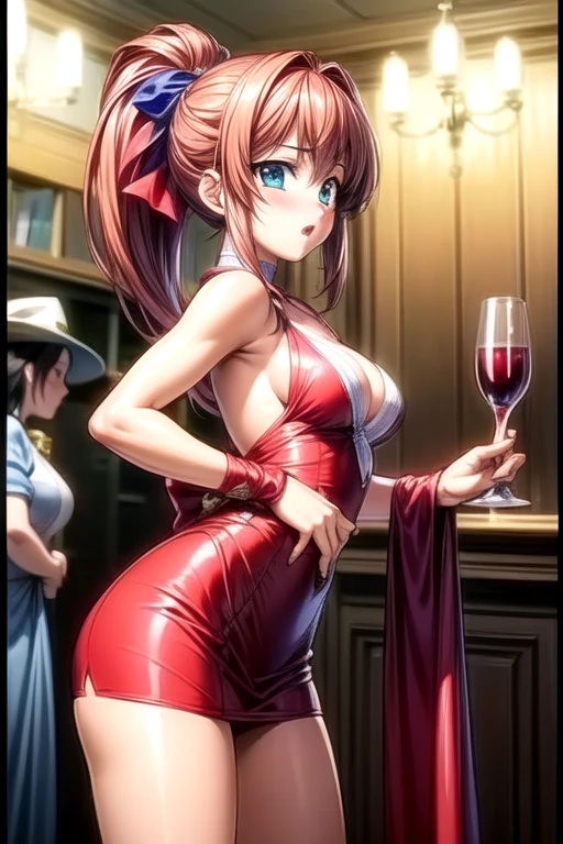 score_9,score_8_up,score_7_up,18 year old,female focus,1girl,asuna \(sao-alo\), sword art online,yuuki asuna,nsfw,brown eyes, brown hair, long hair, bangs, braid,standing,foot up,hand on hip, holding cup,(drunk-smirk),blush,large breasts,brown hair,parted hair,long hair,red dress,fur-trimmed capelet,plunging neckline,center opening,cleavage,navel,earrings,bracelet,roof pool-party,cityscape,night ,multiple-black people,surrounding by 5 strong boys(big male harem)
