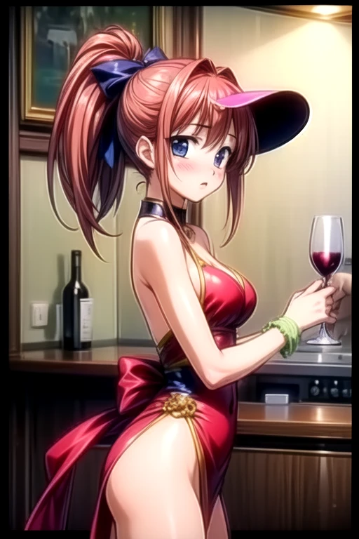 masterpiece, best quality,solo, nishikino maki,red hair, purple eyes,sexy strapless dress, standing , arms up , armpits,shiny skin, in casino