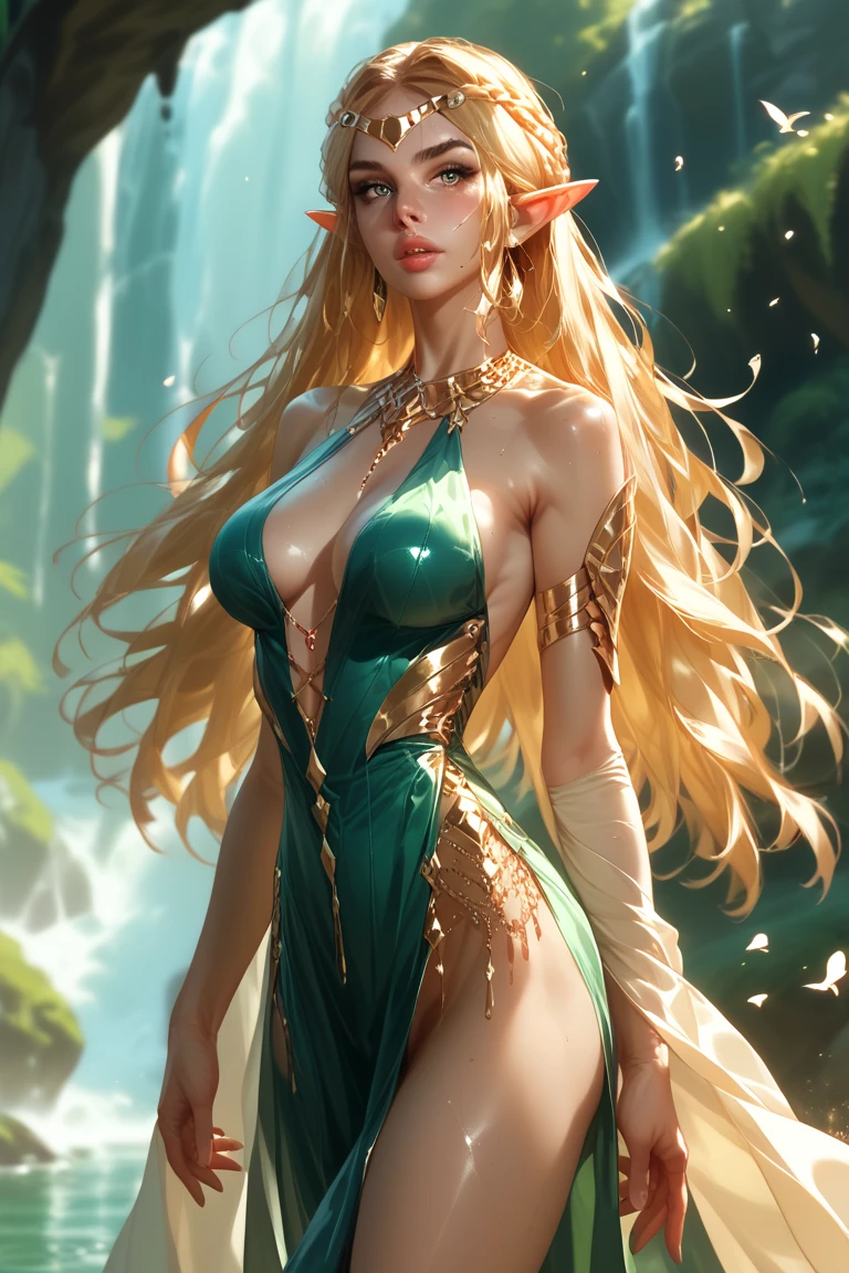 Sensual elf woman , intimate parts marked on clothes (scarlett johanson) in the water, with angelic face with wet hair, exhausted, ultra realistic, her hands behind her head: with semi-translucent clothing very tight to the body, pink and white clothing. A slim but curvy elf, with wide hips and a super realistic tiny waist. Her porcelain white skin glowing under the natural light of the forest. Her beautiful, hyper-detailed and realistic features come to life in this cinematic image. Her voluptuous elven clothing clings to her body, showing off her perfect anatomical measurements and super-resolution details. The clothes are tight accentuating every curve of her, beads of sweat with detail on her skin, supported by a spear-type sword between her hands, with elven details when holding it with both hands, her muscles that are softly marked on the abdomen and with many shades. super feminine... The setting is a serene forest, with dappled sunlight filtering through the trees, casting an ethereal glow on the scene. (3:3 - 16:9 - q, detailed face, detailed eyes, detailed hands
