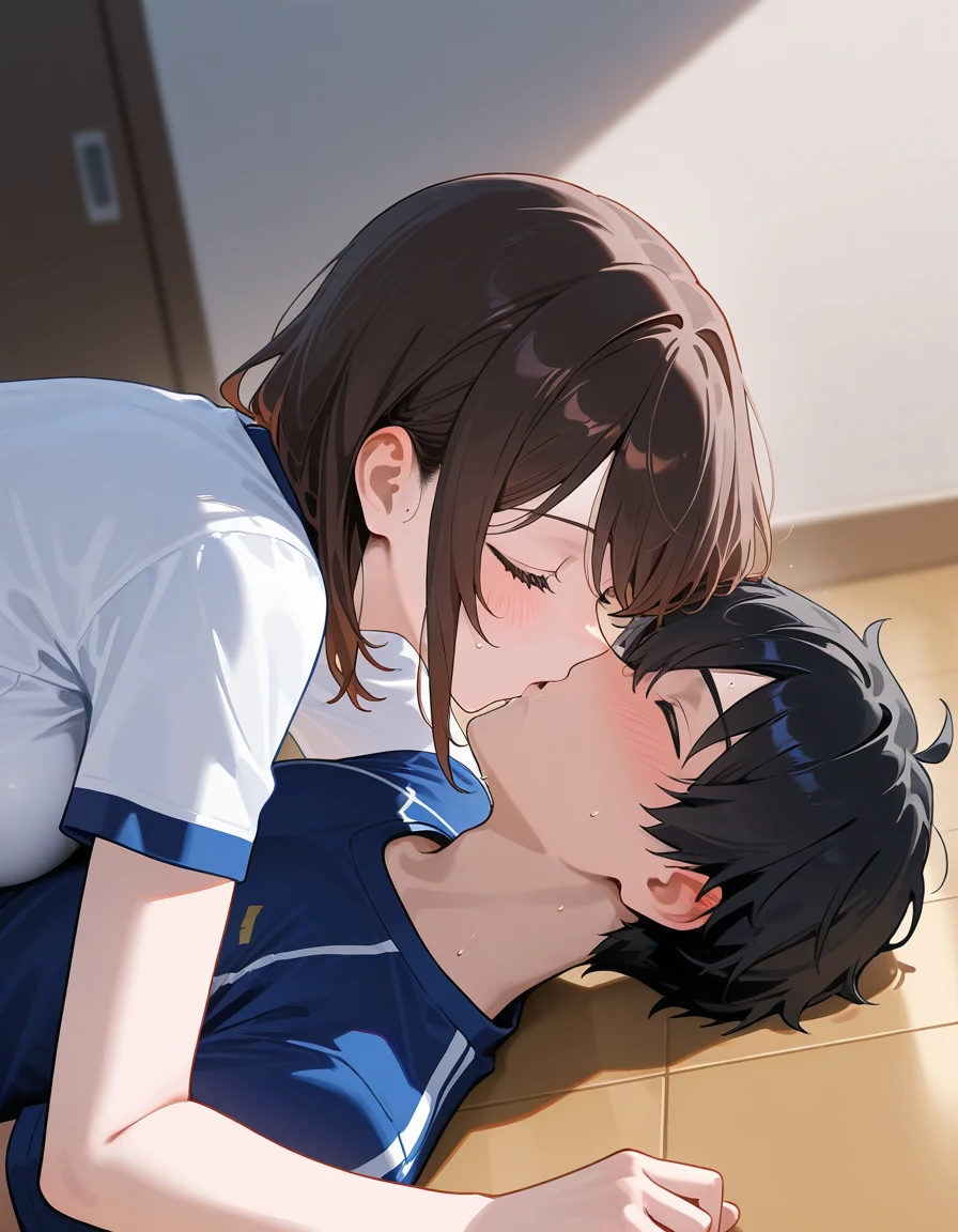 Amazing portrait of a young woman wearing white and orange striped t shirt and orange shorts and young boy wearing a navy blue t shirt and black shorts sitting on a bed together and kissing and making out passionately in a sexy and hot and  setting