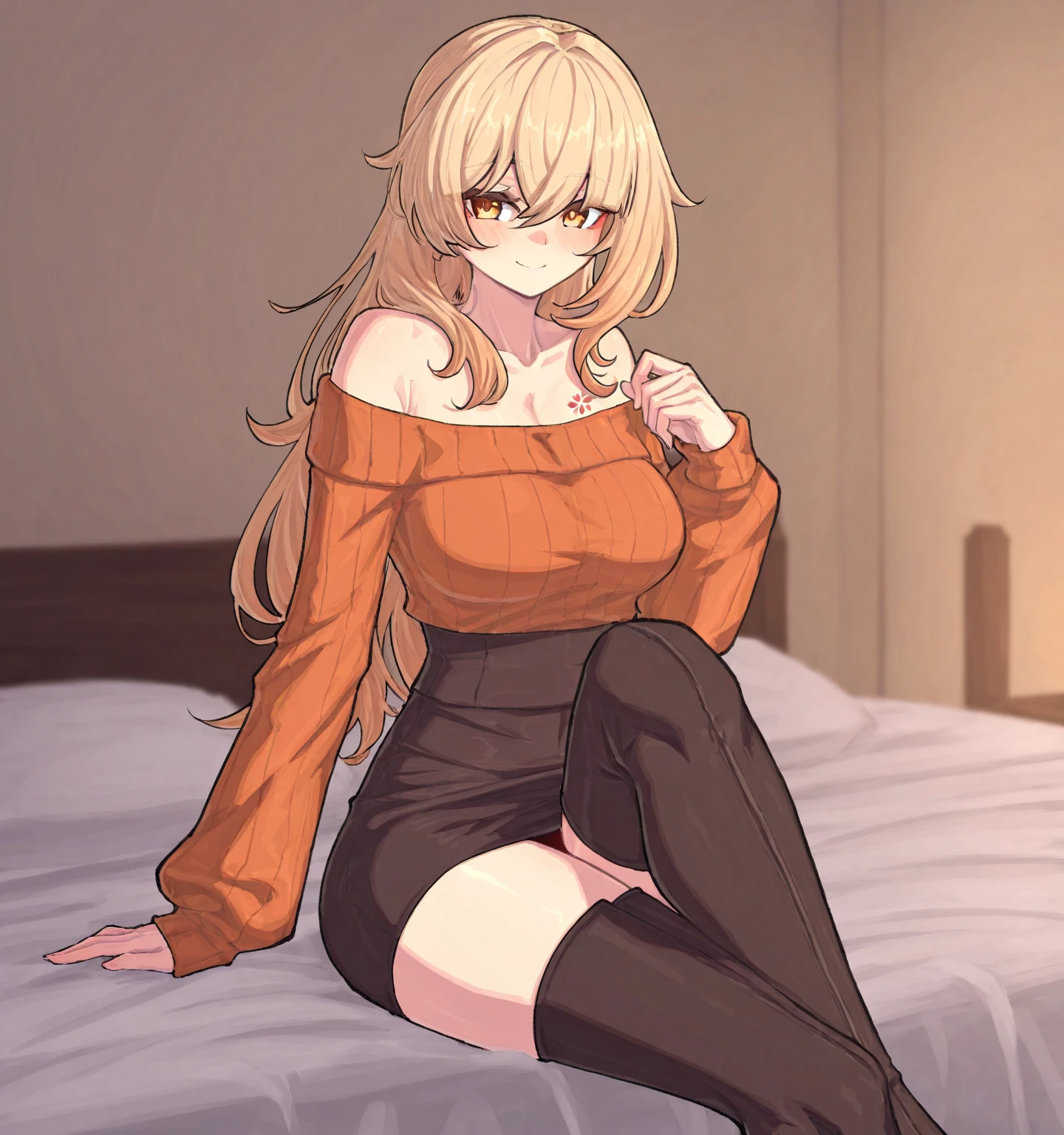 best quality, high_resolution, girl with a lustful face has her hips on the camera, the camera can see her panties, blonde pigtails hair, brown eyes