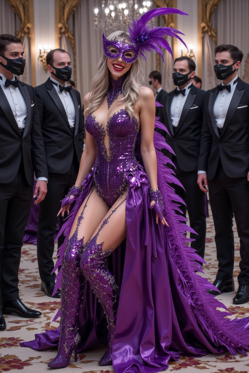 A beautiful woman, Sofia Vergara (age 40), in a sexy bat girl bikini cosplay, holding a bouquet of violet tulips, doing a fashion show on stage, full of fun and sassy strut, highly detailed, realistic, photorealistic, 8k, masterpiece, ultra-detailed, sharp focus, physically-based rendering, vivid colors, dramatic lighting, glamorous, confident, seductive, elegant, beautiful detailed eyes, beautiful detailed lips, extremely detailed face, long eyelashes, perfect skin