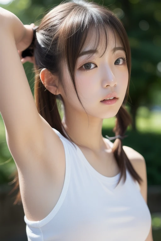 (Sister dancing K-POP dance at a city festival), crawling on all fours, no bra, (Flat chest: 1.6), ((Nipples visible from the chest)), (Shirt with wide open chest)), 18year old ,twin tails hair, Breasts: 1.6, nipples visible, down blouse, munechira ,orgasm face: 1.8