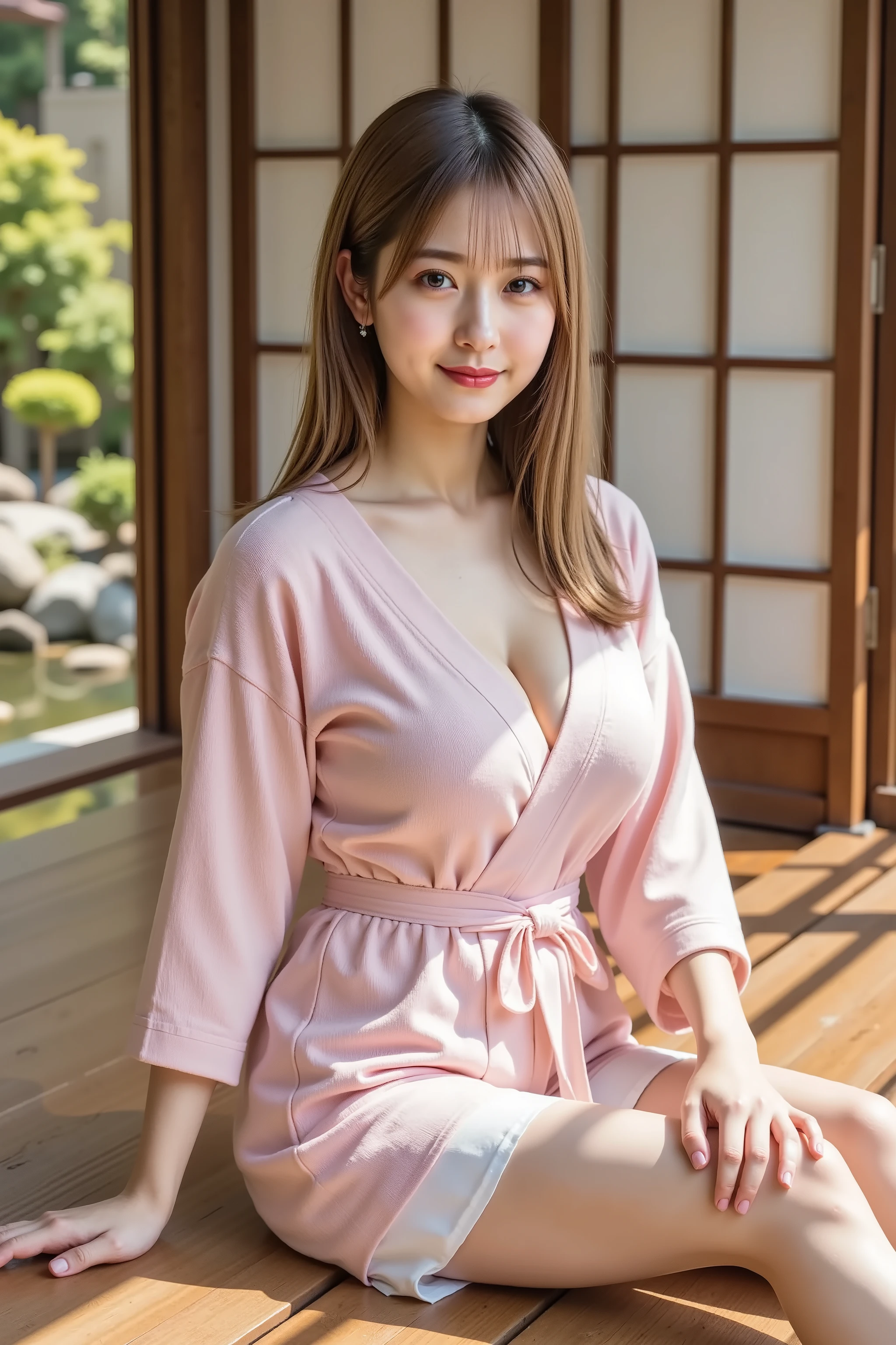 Catherine,hair styled in aplatinum blonde, gold hair, large breasts, cleavage, A photorealistic portrait of a serene 20-year-old Japanese woman with long straight hair flowing naturally down her back, each strand meticulously detailed with natural luster, wearing a light pink yukata-style robe and white shorts, sitting gracefully on a traditional wooden veranda of a hot spring inn overlooking a peaceful Japanese garden, captured with a medium format camera using an 85mm portrait lens, traditional hospitality photography style with zen-like tranquility, upper body composition in 3:2 aspect ratio, soft natural afternoon lighting filtered through wooden lattice screens creating gentle shadows and illumination, harmonious color palette featuring soft pinks, natural wood browns, jade greens, and pristine whites, conveying peaceful atmosphere celebrating Japanese omotenashi culture and wellness traditions, genuine smile expression reflecting inner calm and cultural appreciation, ultra-realistic skin texture with healthy natural radiance enhanced by serene lighting without artificial enhancement, detailed textile rendering showing traditional yukata fabric patterns and cotton construction, authentic ryokan environment with tatami edges and traditional architectural details, background featuring meticulously maintained moss gardens with stone arrangements and bamboo water features, distant mountain views through traditional windows, steam rising from hot spring pools, traditional ceramic tea sets and wooden serving trays, creating culturally rich narrative capturing essence of Japanese hospitality and restorative power of traditional hot spring experiences.
