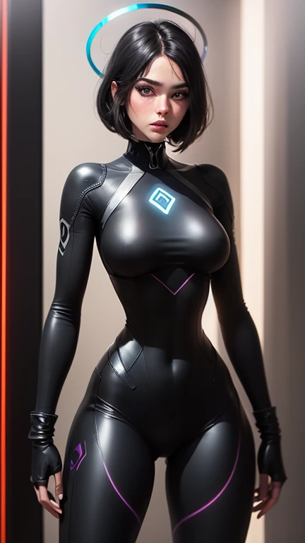EDI Mass Effect in a tight latex bodysuit, visible cameltoe (incredibly detailed, beautiful metallic dark grey face, dark lips, piece of art) with a sci-fi tech background