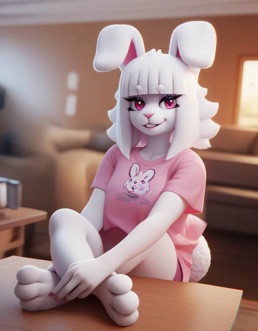 nsfw, Ultra realistic, masterpiece, highest quality, ultra detail,adorable, (detailed and intricate), grey fluffy fur, attached rabbit tail, (hair),(perky small breasts), (paws,furry grey fur covered body:1.3),detailed face, (detailed light purple eyes), (grey petite anthro bunny:1.2), long bunny ears,wide hips, (furry:1.2), messy hair, (loose shirt), gamer girl, headphones, sitting, sweaty, (thighs),(smiling), smooth,intricate detail, gorgeous female photo, professionally retouched, realistic professionally color graded photograph, natural lighting, realistic, light particles,fine fabric emphasis, bokeh, suggestive pose,by Pino Daeni, by Ruan Jia, by Shiitakemeshi, by Alayna Lemmer, by Carlo Galli Bibiena, surreal, (dirty), (Girly Room:1:2), (Gamer Chair, Keyboard, Mouse PC Tower, RGB), (pop culture highly detailed background posters:1.3), gaming, trash
