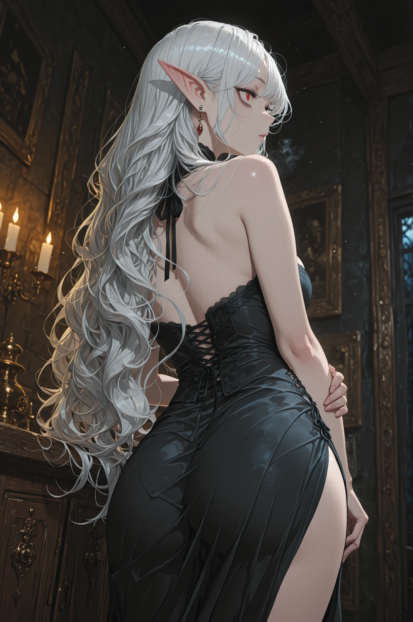 (back view),Cute 18 yo (albino:1.4)woman of Slavic descent.(short:1.1), long white hair, gray eyes, ((very pale:1.4)). Innocent look. Gentle spirit.(virgin), Eyeglasses, mascara,((black sheer lace lingerie and stocking)),(joy),(love), candle lit room, special night.(aroused),Masterpiece, best quality,(highly detailed:1.2),(detailed face and eyes:1.2), 8k wallpaper, depth of field, natural lighting. core shadows, high contrast, bokeh.(rule of thirds), cinematic, atmospheric, contrast, intricate
