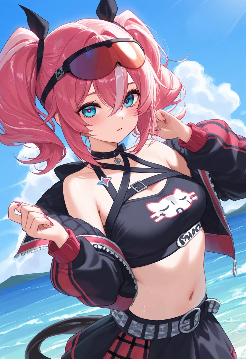 ((Masterpiece)), (Best Quality),marine_beach, red bikini, white shorts, jewelry, black jacket, baseball cap, heart-shaped eyewear, (NSFW: 2.0), Full Body, Solo