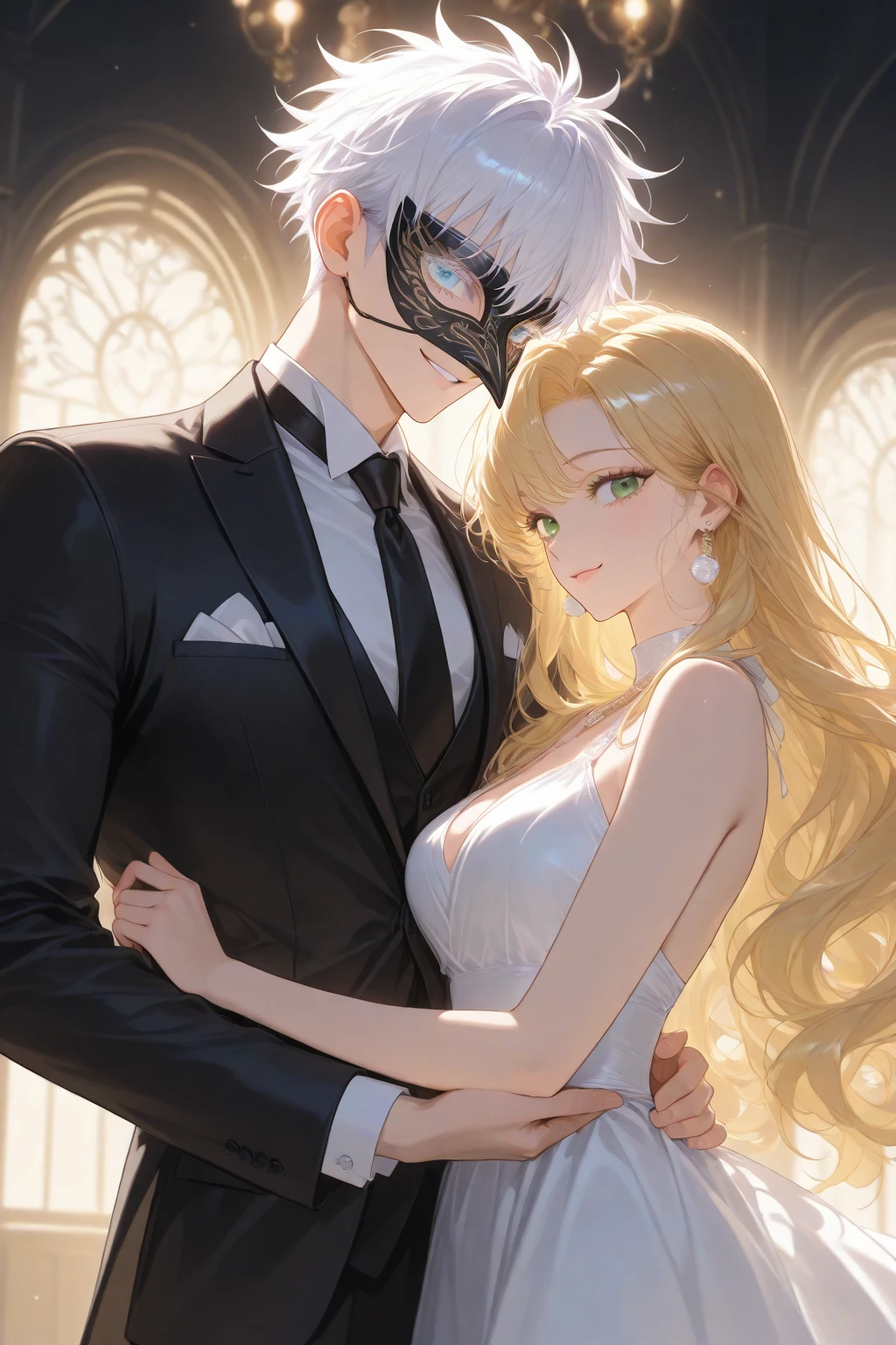 create a realistic adult female character with straight hair,blond, with a silver crown on his head,greeneyes,wearing a gold tank top showing her belly,wearing a white skirt,and next to him is a realistic adult male character, small white hair, eye white,wearing a round hat covering his forehead, a mask that is covering up to your nose, is wearing a black turtleneck, with a long blue jacket. Blue background color with purple.