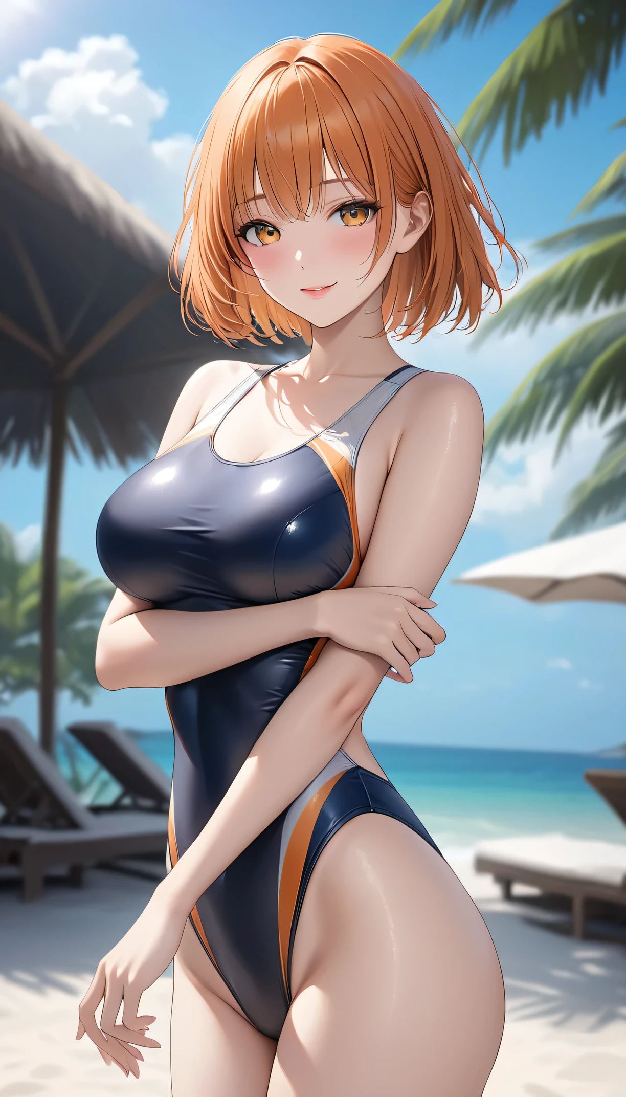 absurderes:2.0、(red racing swimsuit)、realistic, Unity 8K Wallpaper, Masterpiece, Realistic face, Realistic skin feeling ,detailed hair, highly detailed, realistic glistening skin, Cute Girl, Perfect face, charming face, Glossy skin, (cowboy shot), embarrassed, blond hair、outdoor, light smile, active pose