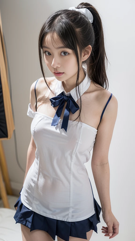 Innocence, Dark green hair, Twin tails, Put your arms behind your back, White Dress, Black waist tie, girl,blue eyes,