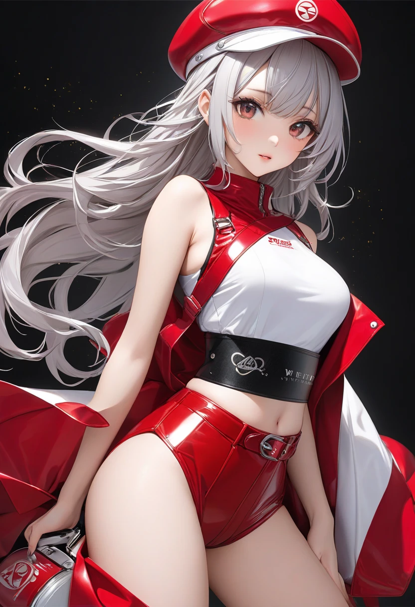 ACG, Kizi, Lower milk is exposed , eBlue eyes, nedium breasts, looking at viewert, mediuml breasts,, cropped shoulders, Red eyeliner, long whitr hair, Ultra shorts solo, Crop topping,whaite hair,((tmasterpiece))