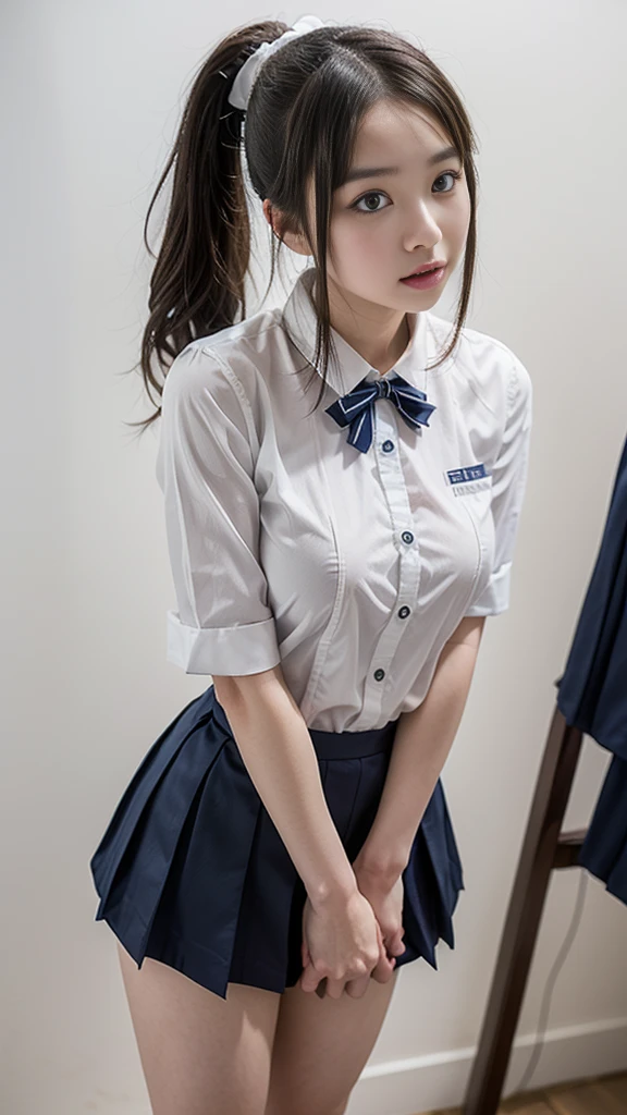 (Tabletop, Highest quality:1.4), Beautiful Face, 8k, 85mm, Absurd, from the front、1、1、((Very cute high school :1.4))、((hotel lobby:1.4))、(((White short-sleeved shirt for school uniform:1.4)))、 ((Cowboy Shot:1.5))、Delicate, alone、((Dark blue pleated skirt:1.4))、((Navy blue student bow tie:1.4))、((Dark blue socks:1.4))、((Dark blue panties:1.4))、((Ponytail Hair:1.4))、Show Viewer, Upper Body, Film Grain, chromatic aberration, Sharp focus, Face Light, Professional Lighting, Sophisticated, (Troubled expression:1.4), ( background, Bokeh background:1.2), ((Confused expression:1.4))、detailed aspects、
