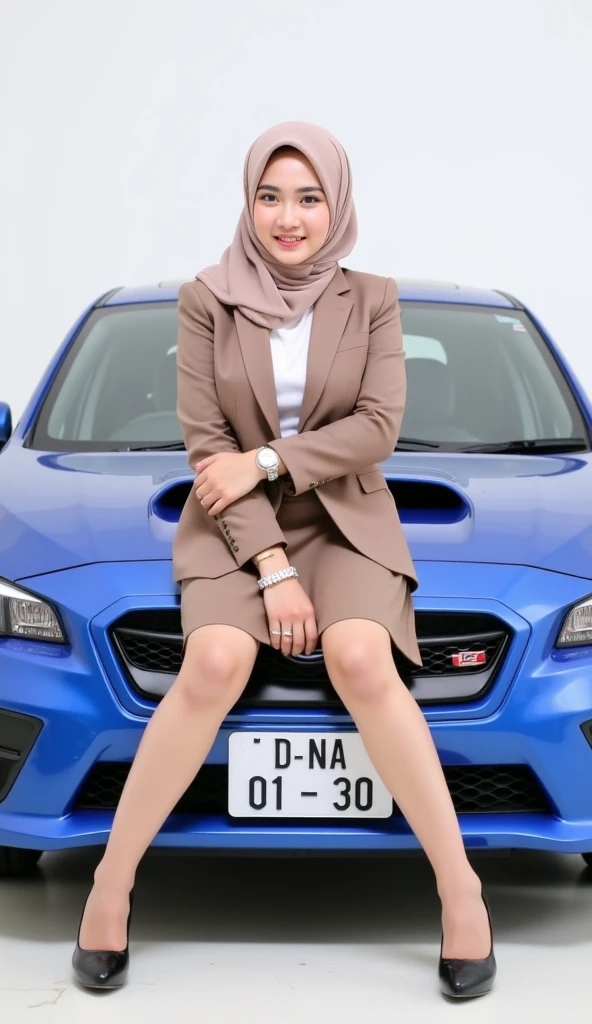 1 malay girl , (modern plain cream hijab) , smile, medium portrait shot , watery eyes , glow blue eyes,Fashion model pose、(Sweater Dress:1.1) , (Sports car, street: 1.2), breast grab pose, ((big tits:1.3)) , ((excessive cum:1.2)), Prenegant, (((sexy pose milf))) ,perfect scene