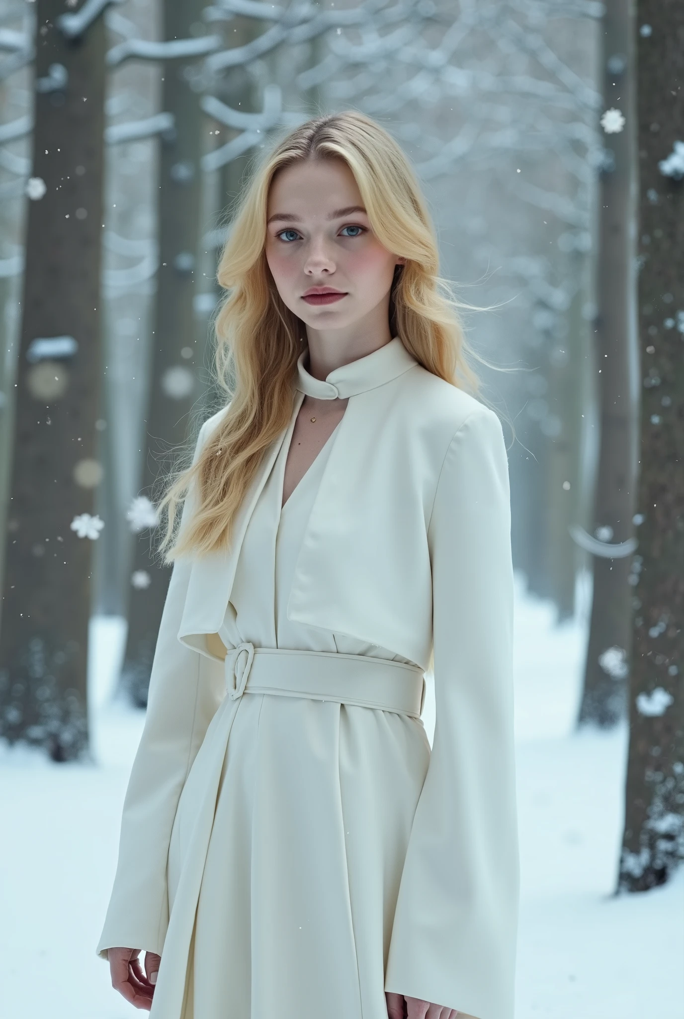 Traje Very white young woman , long yellowish blond hair in The Chronicles of Narnia, in a winter setting , snowy forest surrounding the site with snow on the leaves