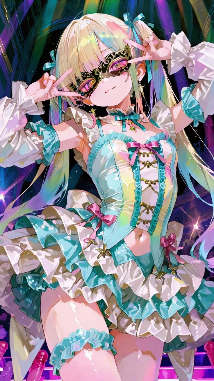 Highest quality,Highest Resolution,A beautiful smiling girl in rainbow-colored bunny girl clothes,Bedroom,High leg,Thigh-high stockings,Night view outside the window,whole body,From the side,One-handed peace sign,