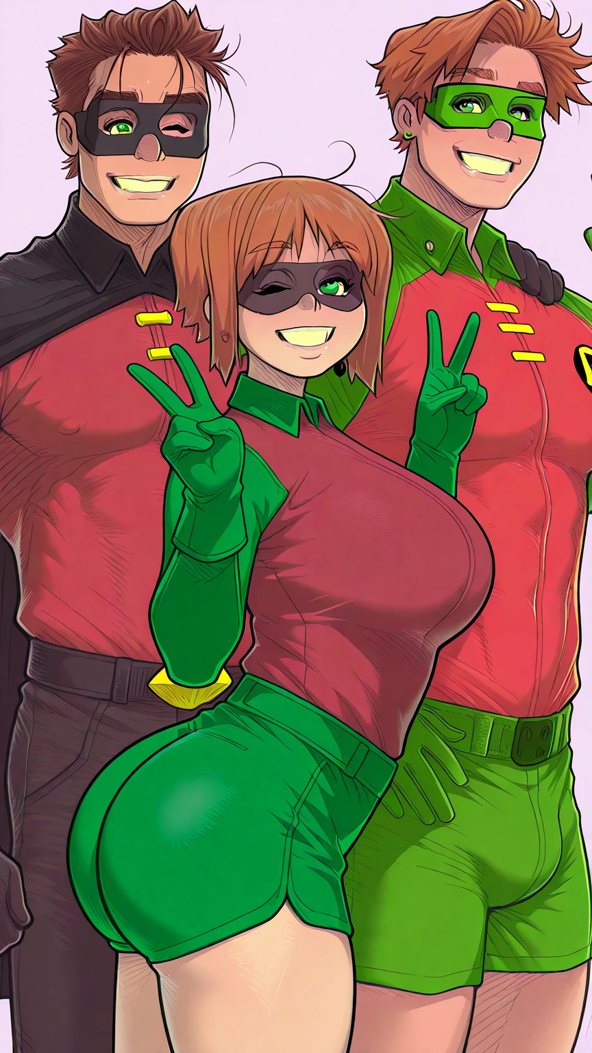 1girl, ((brown gloves)), ((elbow gloves)), ((latex gloves)), ((green surgeon outfit)), looking at viewer, ((long sleeves)), standing, handjob, ((femdom)) 1boy, small dick, foreskin