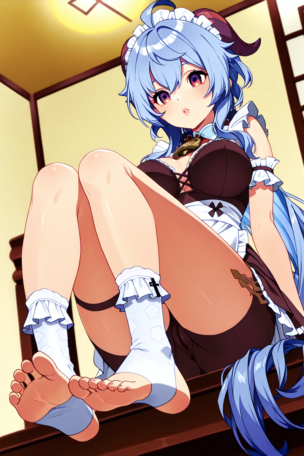 (masterpiece:1.37), best quality, (extremely detailed:1.37), (1girl:1.5), woman, (mature:1.5), (adult:1.5), jingliu, white hair, long hair, ponytail, hair ribbon, red eyes, earrings, jewelry, bodystocking, (extremely detailed eyes:1.37), (wetting self:2.0), desperation, (standing:1.5), embarrassed, humiliation, blushing, angry, cherry blossoms, garden, (golden hour:1.5), full body, (crossing legs:1.5), from above