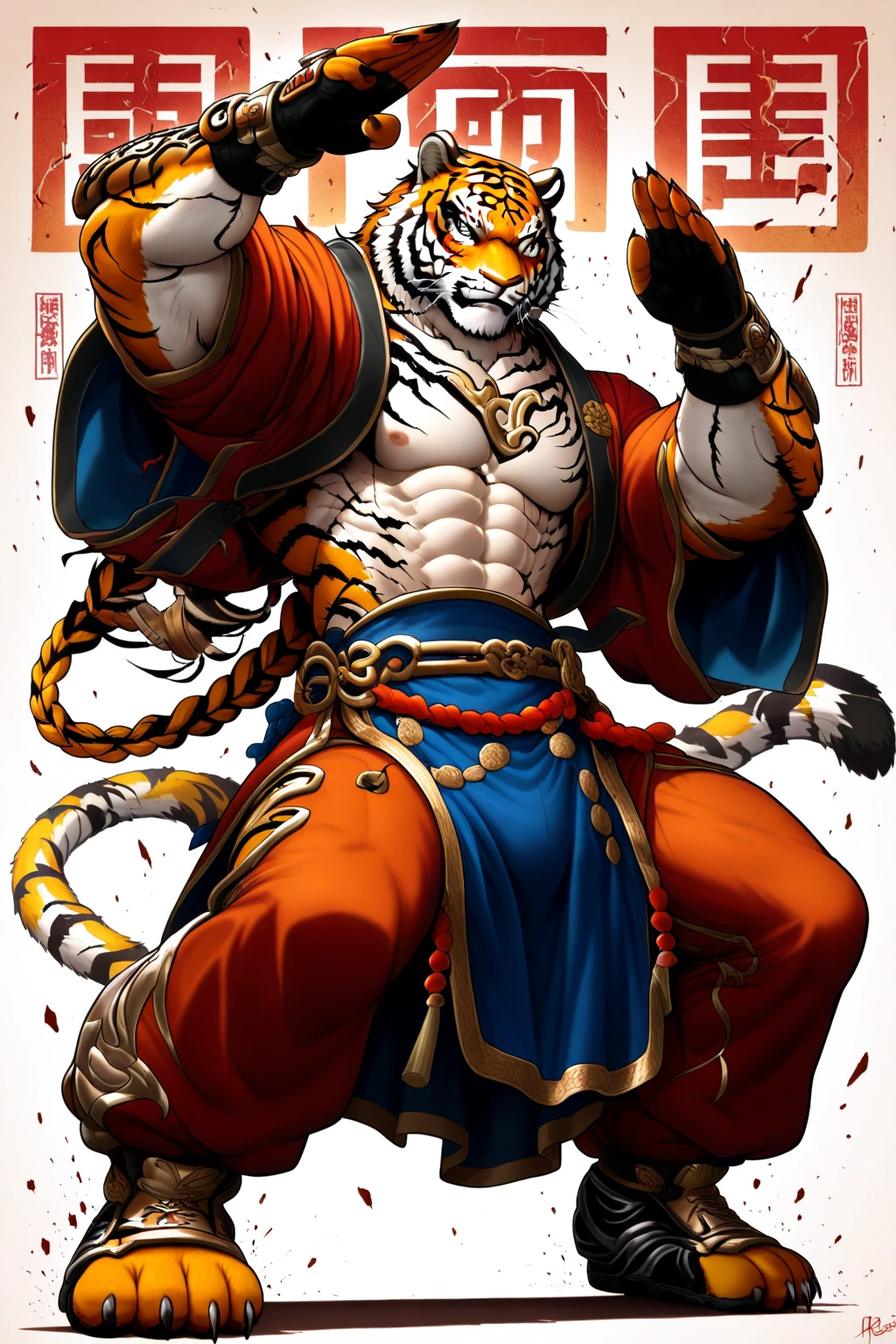 white background, adult bengal tiger, leaves, vertical pose, tattoo style, mad face with fangs showing, simple, Chinese oriental tattoo style, minimalist style, lines