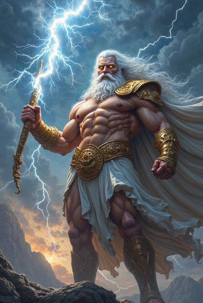 A muscular Zeus holding a lightning bolt, white hair, blue eyes
