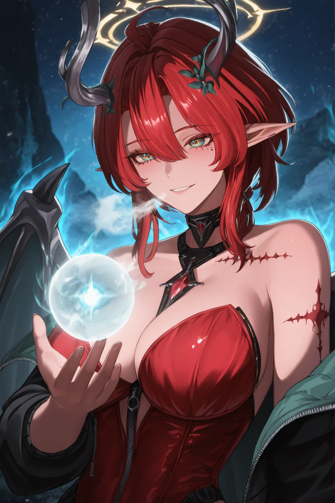 1 girl、Silver short hair、Hollow, glowing red eyes、Fantasy、witch、((黒とGreen clothes))、((Green clothes))、Aggressive design、Cape、Purple decoration、accessories、Villain、Magical Items、whole body、Mysterious Forest、Wind Magic、Dark Magic、Dark Aura、Grin、Evil smile、Expose、Bigger breasts、Shameless