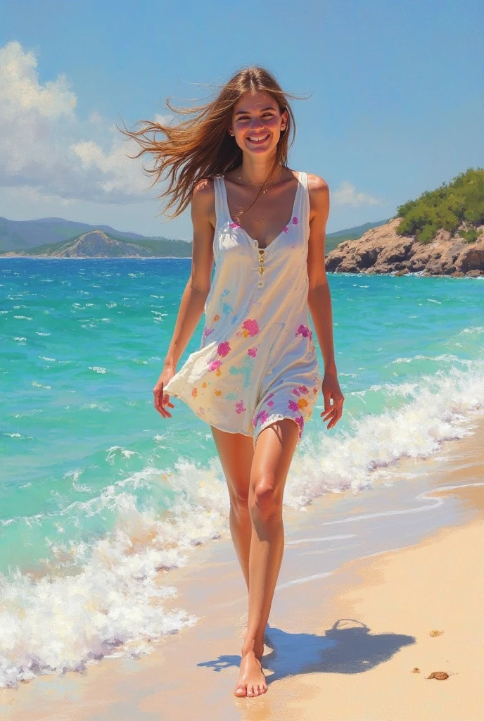 very sexy girl, long straight brown hair, colorful earrings, large square glasses, thin summer dress, small breasts, marked nipples, smiles, adorable, in a natural environment with a river,(simple oil painting in a style to Bill Sienkiewicz)