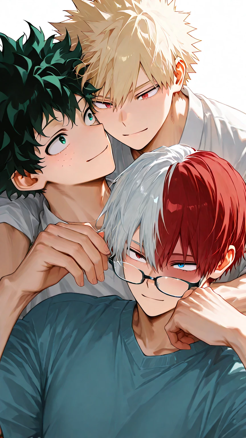 Masterpiece, best work, anime style, 3boys, in their 19-20 years old, smiling at the camera, naked, each different hairstyles and colors, hot, well drawn detailed eyes, 1boy shy expression with glasses, 1boy confident, 1boy happy,