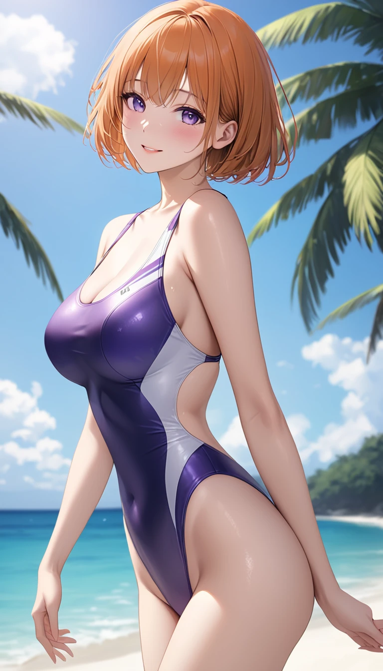 creates a 26-year-old anime girl with red hair, blue eyes, hands on her waist and a violet swimsuit with wide hips and large breasts and in a landscape of a tropical beach with palm trees and trees. 