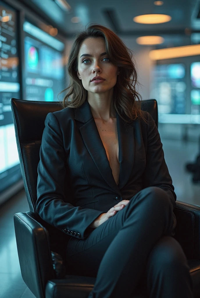 A high-angle shot of an interrogation room, with a young, attractive female lawyer sitting at a desk. She is wearing a fitted blazer and skirt, and is looking directly at the camera.