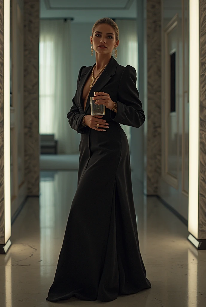 RAW photo of 50 years old Doutzen Kroes, Create dystopian masterpieces, victorian era, victorian era clothing, rich silk dress, wearing a Victorian-era dress with long-sleeves, black dress, high-necked dress, victorian saloon, cinematic light, beautiful woman, medium breasts, blond platinum hair (bob haircut:1.2),  smile smile, wrinkles on the face,full body photography 