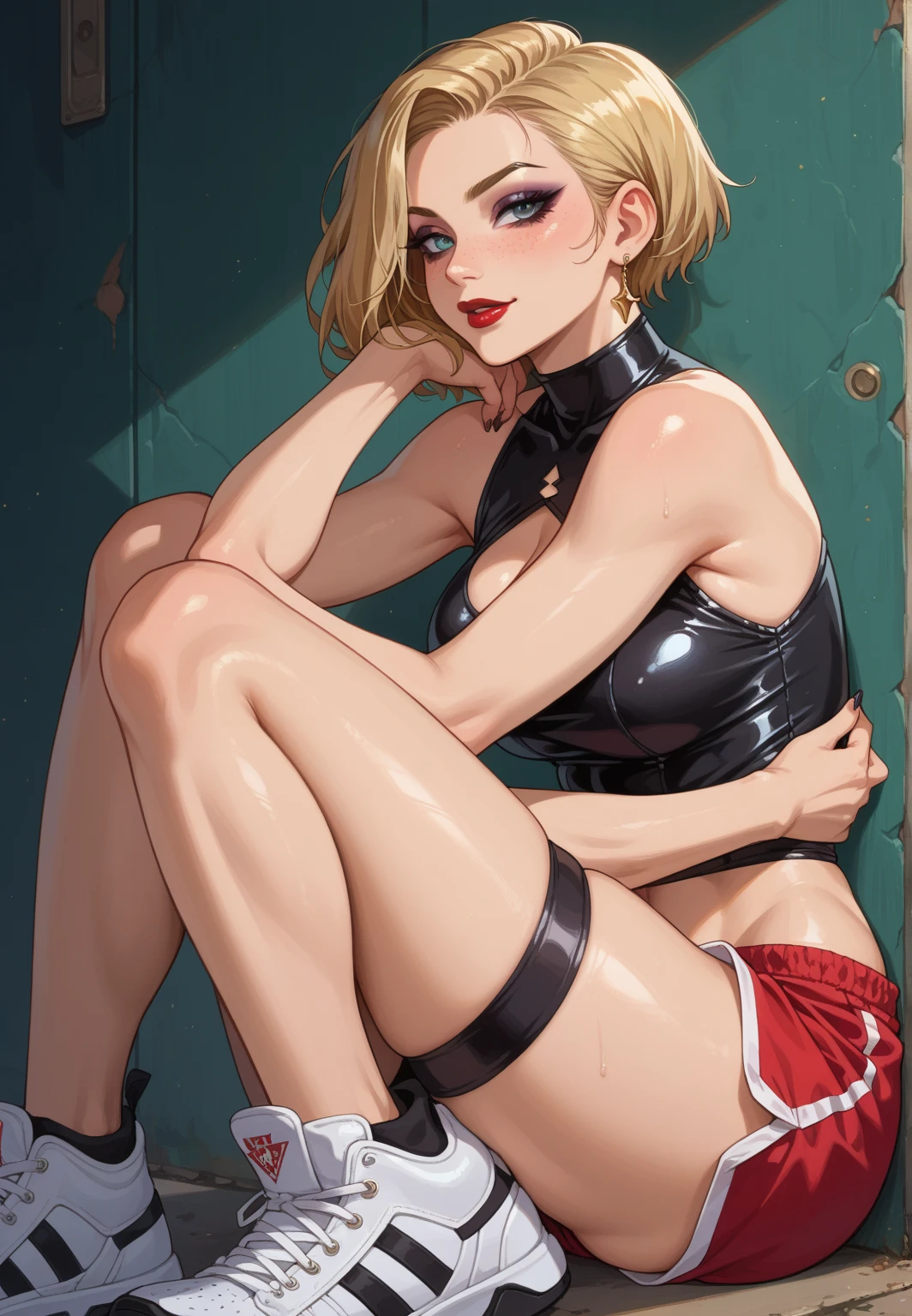 masterpiece, best quality, ultra high res, ultra-detailed, outside in sity downtown street, afternoon, crowded city district landscape, 1 young school girl, slut, (blonde tint hair: 1.3), (brown eyes: 1.3), (short bangs with a side tail: 1.4), (dark brown skine tone: 1.5), (full lips: 1.3), (red lipstick: 1.4), (intense blue eyeliner: 1.4), (hairy pubic hair: 1.3), (medium tits: 1.6), (black short sleeveless top with zipper unzipped: 1.5), (black pleated miniskirt: 1.4), (silver stiletto heel shoes: 1.4), (moon earings: 1.4), (Hard and erected Nipples: 1.4), (she is leaning against the wall in an extremely vulgar way while she is drinking fruit juice from a bottle and is sloshing it all over herself in a dirty way while she has a lustful slut face and squirts cum from her soaked pussy: 1.6)