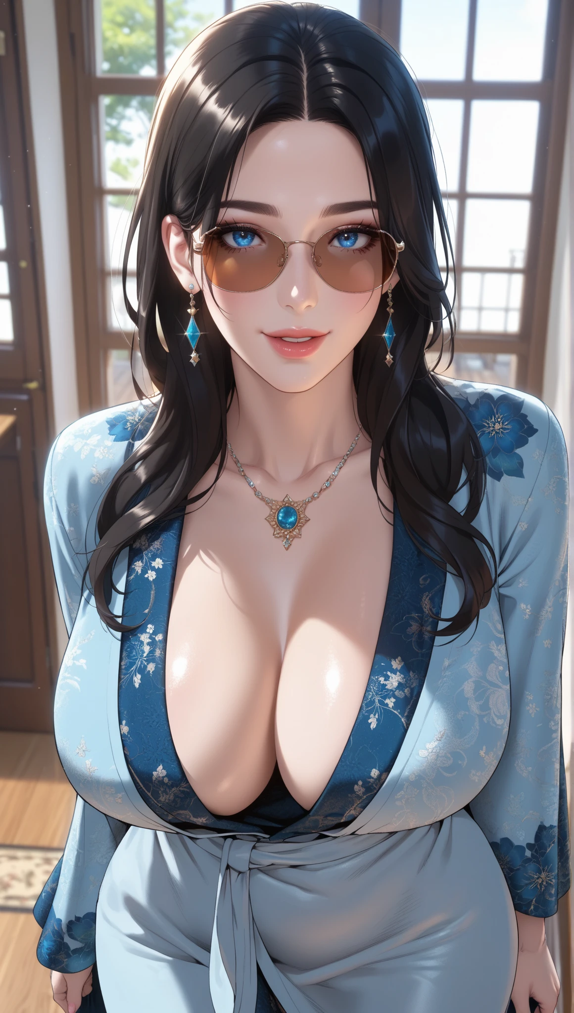 (masterpiece, best quality), intricate details, beautiful 30 year old woman, brown hair, green eyes, blue royal robes, revealing, big breasts, long flowing hair, pretty lips, sunset sky background, sexy, bright, upper body, gold wreath, sexy,