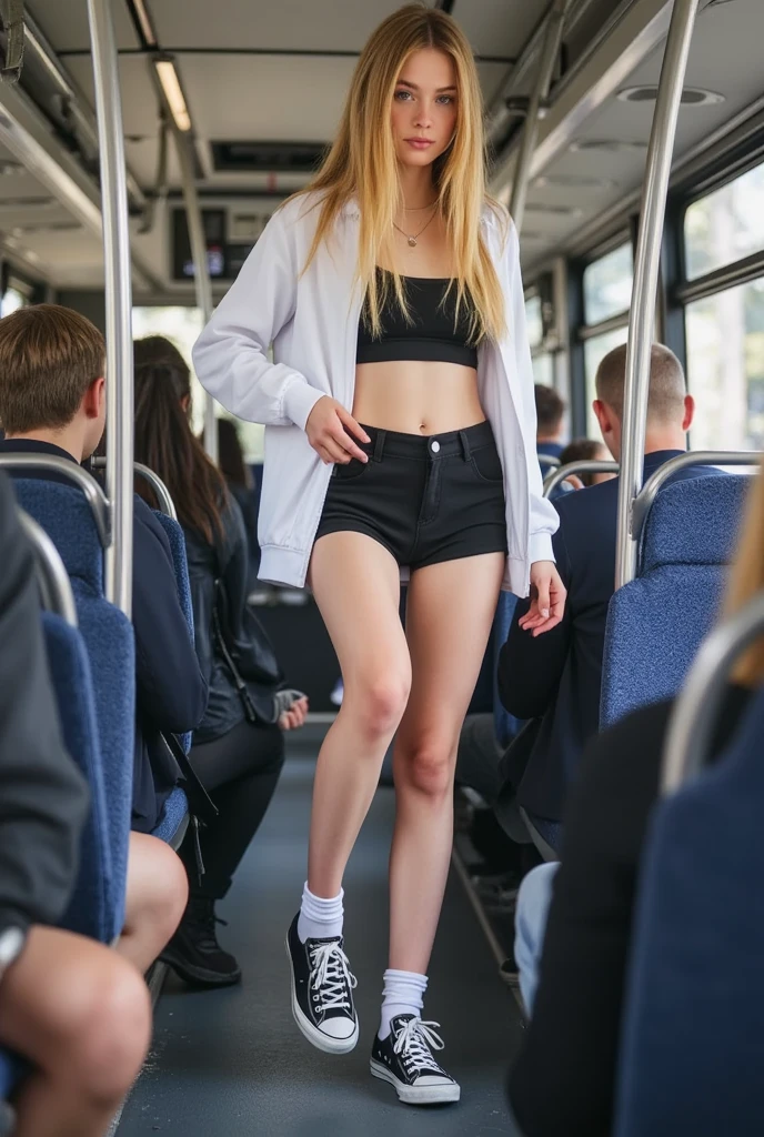 Photorealistic blonde petit colegiala Mckenna Grace undergoing product testing and getting a probing naturally in buff on a busy Tokyo subway train at night. Her fellow passengers have gotten too friendly with her. She is flaunting her features. Full body in unobstructed view.