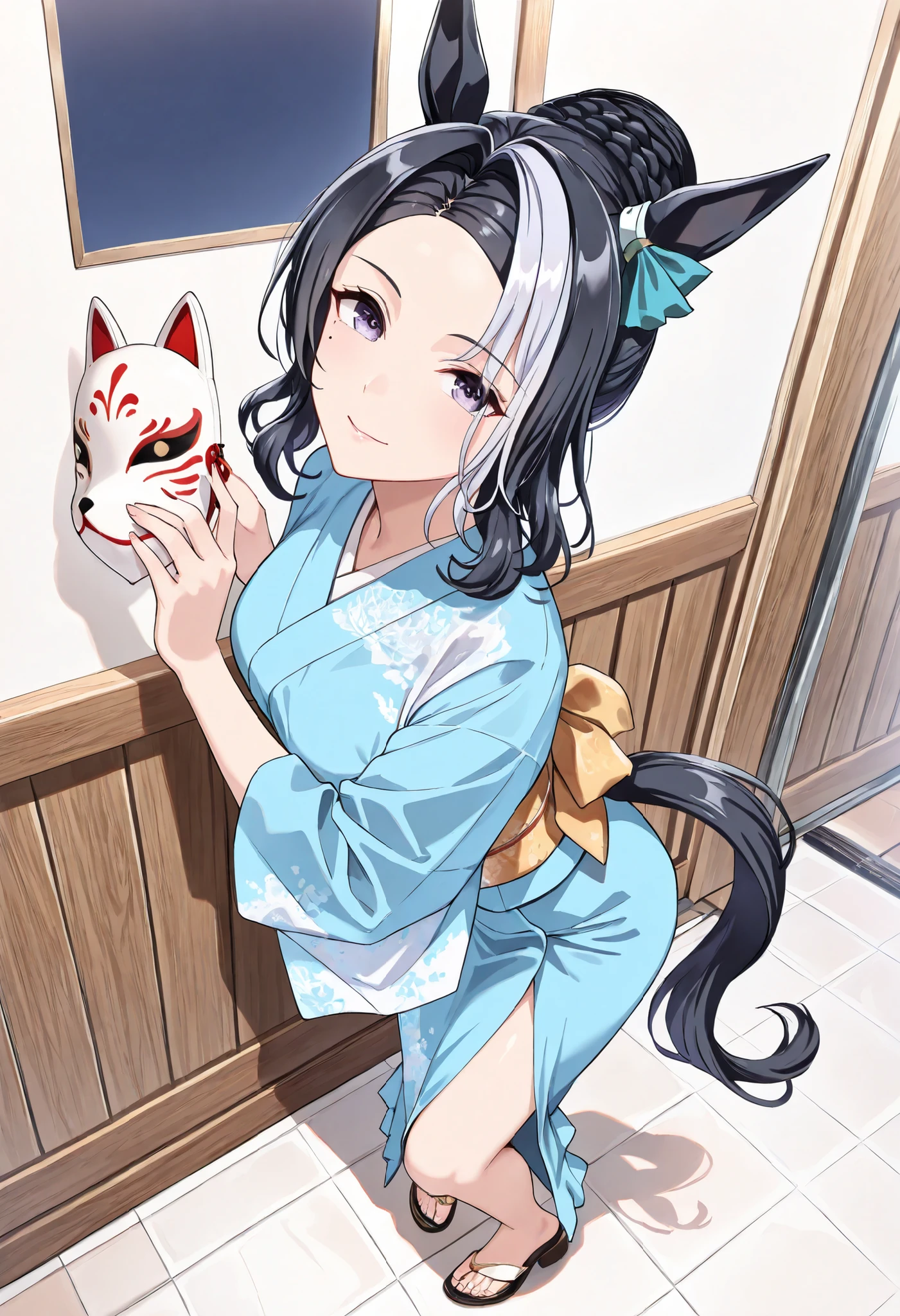 (masterpiece, best quality, perfect face:1.4), wide angle, full body, mejiro ramonu \(umamusume\), black hair, white hair, multicolored hair, ((long hair)), wavy hair, purple eyes, mole under eye, ear ornament, horse ears, horse tail, tail on the lower back, proportional body, proportional,1 girl, beautiful hair, beautiful face, beautiful detailed eyes, beautiful clavicle, beautiful body, beautiful chest, beautiful thigh, beautiful legs, beautiful fingers, looking at viewer, BREAK, kimono, BREAK, Leaning forward, look up, Tilt your head, wears a fox mask, BREAK, textured skin, realistic skin, HDR, BREAK, good hands