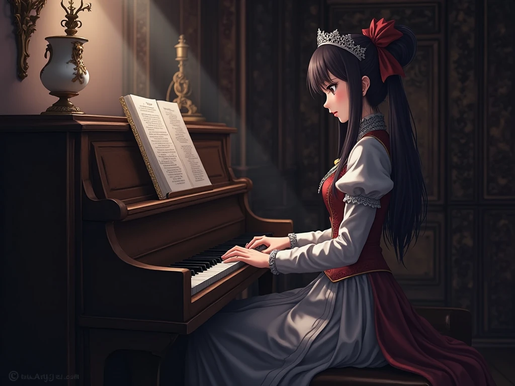 (((Masterpiece))),((top quality)),one beautiful girl,bangs、(long hair:1.5)、(((big breasts)))、belly button、23 years old、(Gorgeous red ruffled long dress:1.5)、race、See-through、Rose、 beautiful digital art work, beautiful fantasy art,(Playing the piano in the woods:1.5)