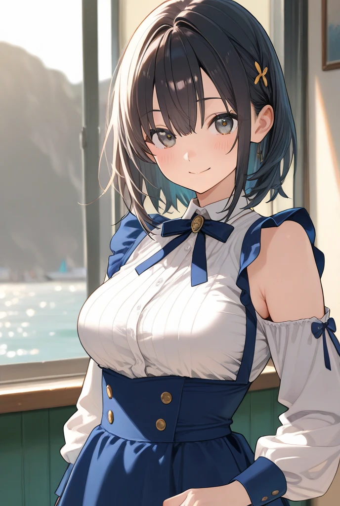 masterpiece, best quality, 1 girl, <lora:sagisawaFumikaTHEIDOLM_v10:1>, sagisawa fumika, mekakure, black_hair, blue_eyes, (large breasts:0.5),