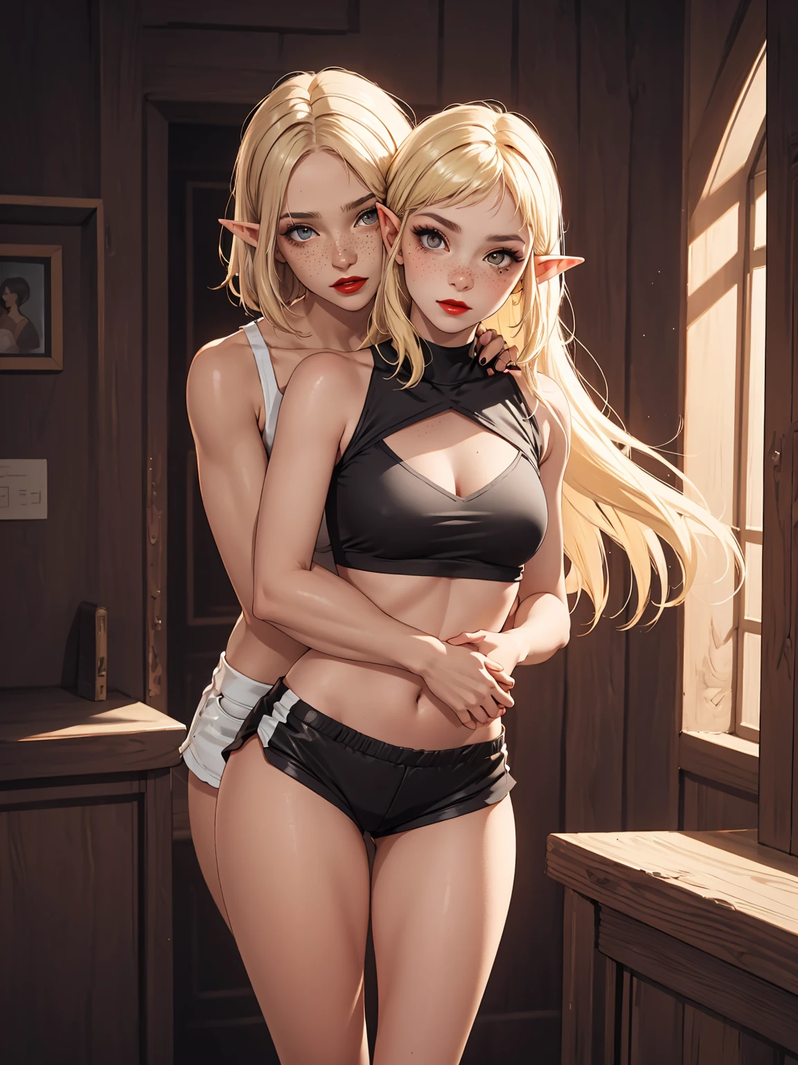 Elf girls, blonde,bikini, cleavage, seductive smile, outdoors, moon, night, beach, white sand, posing, transparent clothes, butt, thong, kissing, caressing,