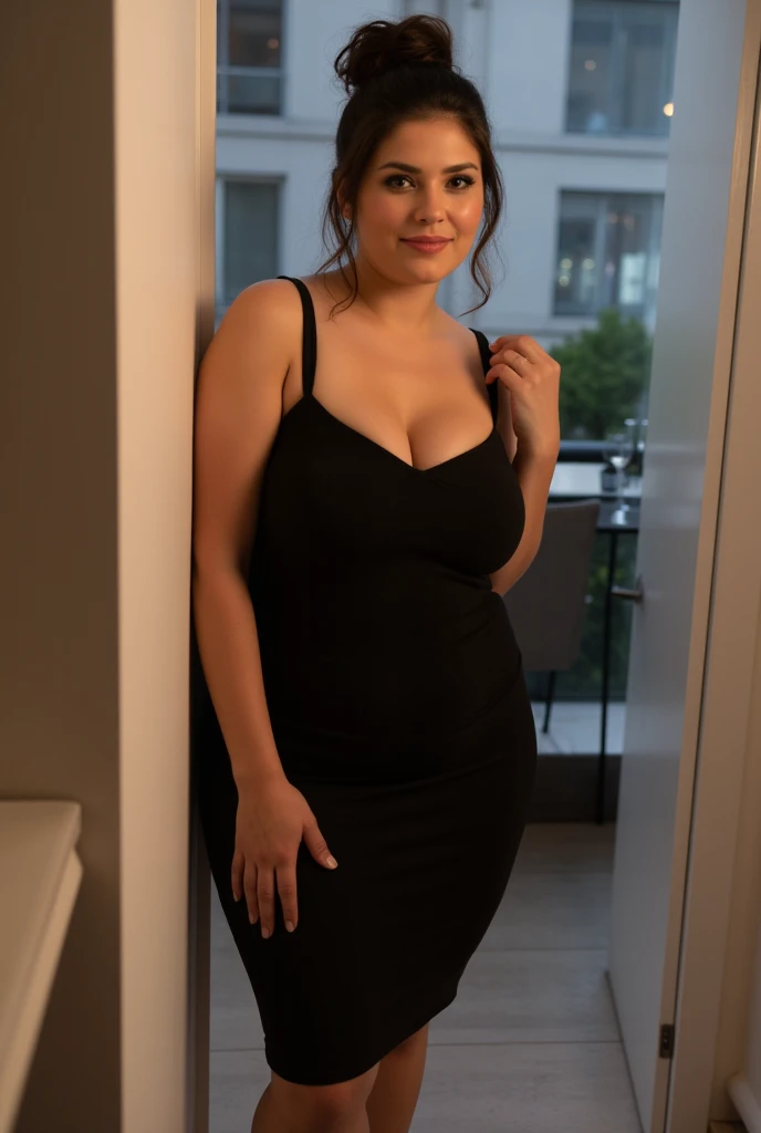extremely detailed, masterpiece, high resolution, tight black dress, plump figure