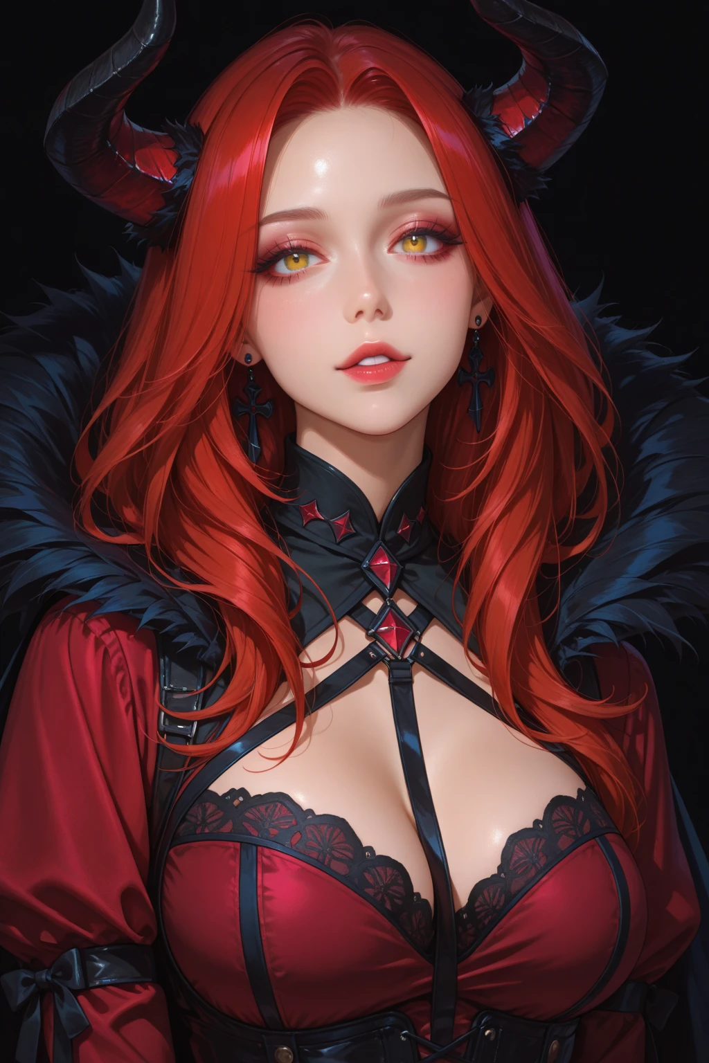 (masterpiece:1.3), (high quality:1.2), (best quality:1.3), Detailed, young 20 years old, white skin, succubus race, sensual face, diamond-shaped face, (Light blue eyes, black eyeshadow, semi-arched eyebrows, eyelash:1.1), voluminous mouth, (harmonious lips:1.2), makeup brush, (pink lipstick:1.1), height 168cm, weight 48kg, (long hair, red hair:1.2), <lora:more_details:0.2>, <lora:add_detail:0.5>, <lora:edgCultistTemptation:0.9>, edgCultist, wearing edgCultist_hood, edgTemptation, sexy lingerie, wearing edgTemptation, hair inside the hood, official art,