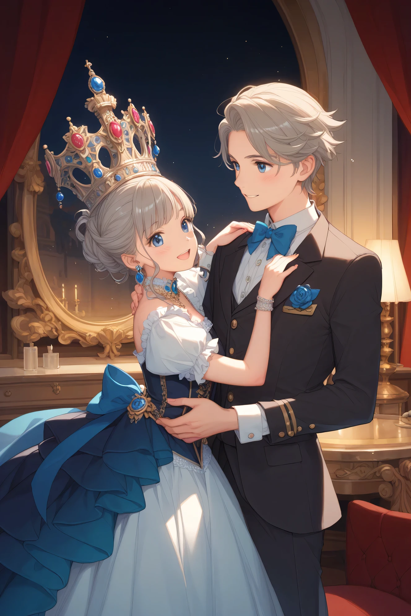 top quality、masterpiece、A luxurious 19th century European ballroom、(Masquerade:1.3)、The great hall of an old castle with a shining chandelier。The girl is dancing with an aristocrat young man with blond hair and a tailcoat。The girl is in a Victorian dress with a modern arrangement（Pastel blue x white lace）、The mask is made of silver。The young man's mask is a classic design with black lace。A large clock and medieval paintings in the background、cute