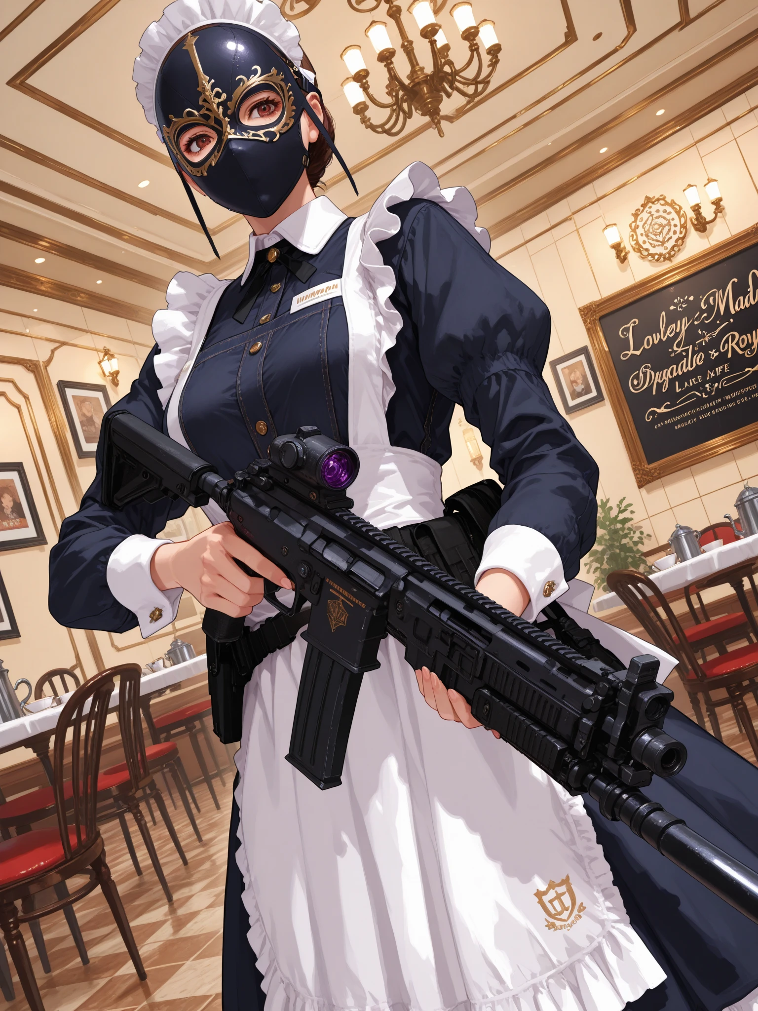 holding ranged weapon,1girl, perfect anatomy, masterpiece, best quality, very aesthetic, ultra-detailed, best illustration, unity 8k wallpaper,  100-layer, intricate, overall detail,  maid cafe,   lovely maids, Welcome back master, elegant, cute, Japan maids, dynamic angle / intense angle,  Masquerade Ball,Masked Meido,masked party,masked battle,battle royale,weapon,Tactical best,Tactical Meido,