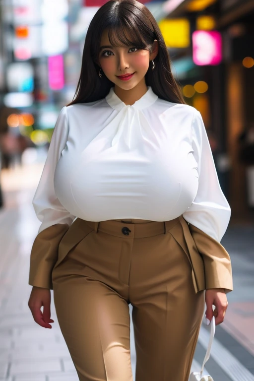 1girl chubby, long hair, looking at viewer, smiling, silhouette of her breast, black hair, navel, white tube, brown eyes, large jewelry, standing, glasses, unbutton pants, mole, multiple views, buttons, ring, large black-framed eyewear, mole on breast, short skirt, realistic background at the night with city light