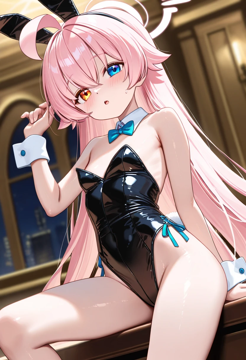 best quality, insanely detailed, nino nakano, breasts, blush, bedroom background, looking at viewer, bodysuit, cheerful eye, pantyhose, bare-shouldered, transparent clothes nipple