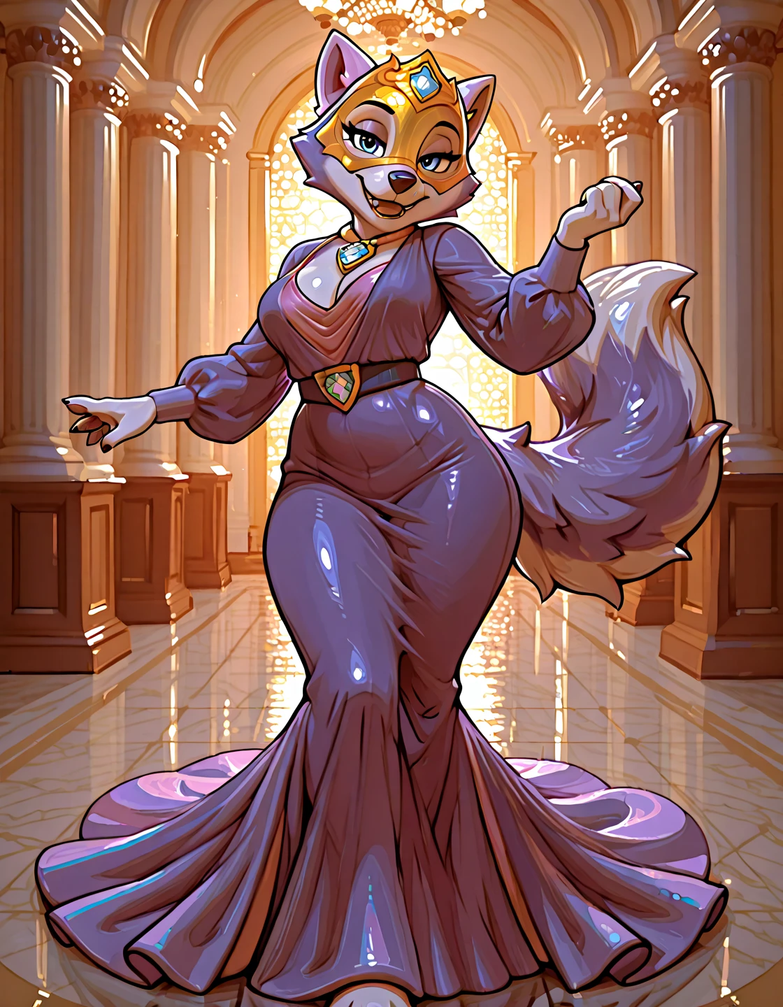 1 woman, age:45, wearing a skin tight long dress without any sleeves. The dress has a pretty deep neck cut. The dress has 1 slit on both side till her armpit, breast size is unrealistically enormous, butt size is unrealistically enormous, waist is unrealistically wide